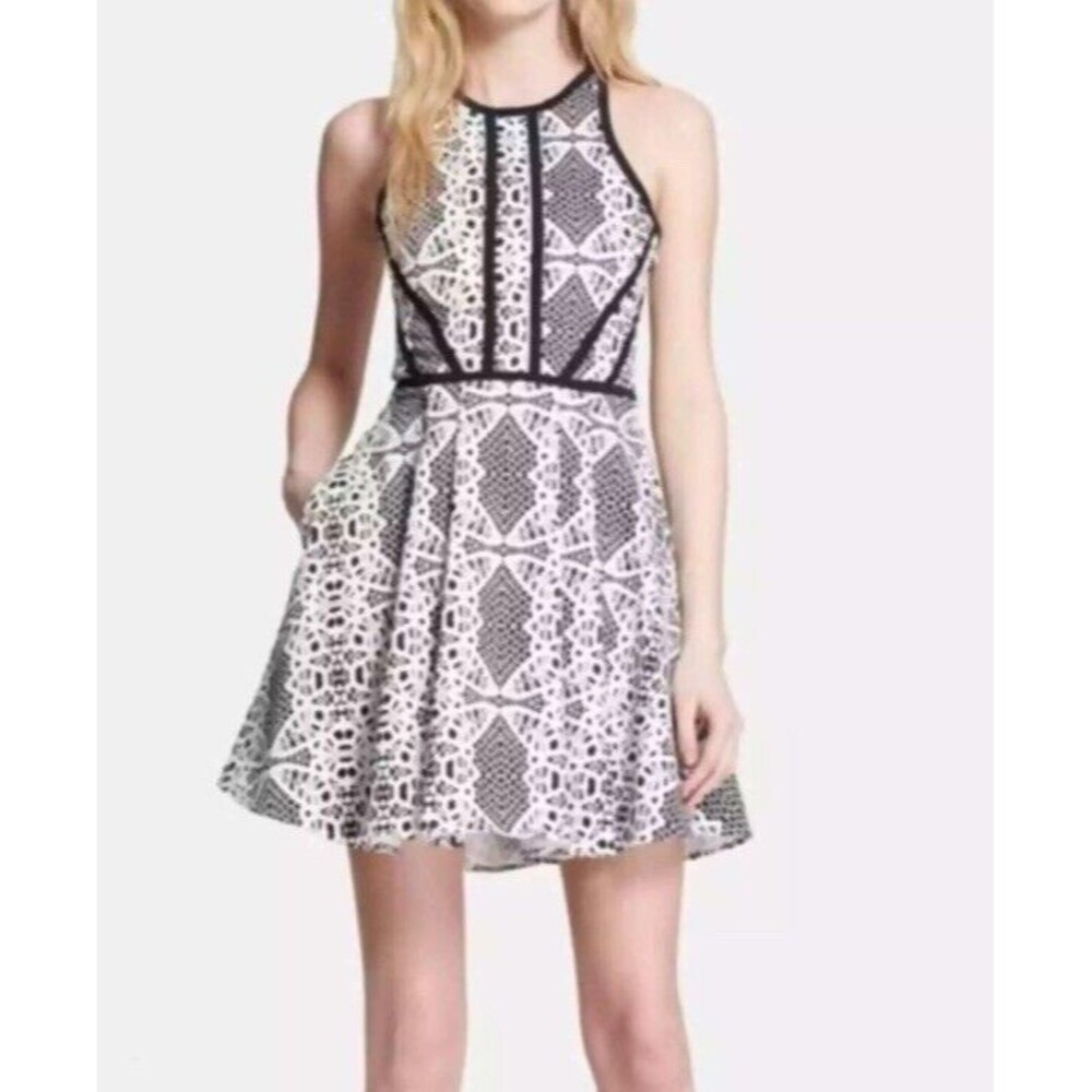 Parker Hudson Lace Printed Cutout Back Black White Fit & Flare A-line Dress S
